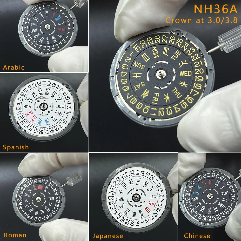 Japan Genuine NH36 NH36A Mechanical Movement Crown at 3.0/3.8 O'clock Modified English-Spanish Chinese Arabic Japanese Datewheel