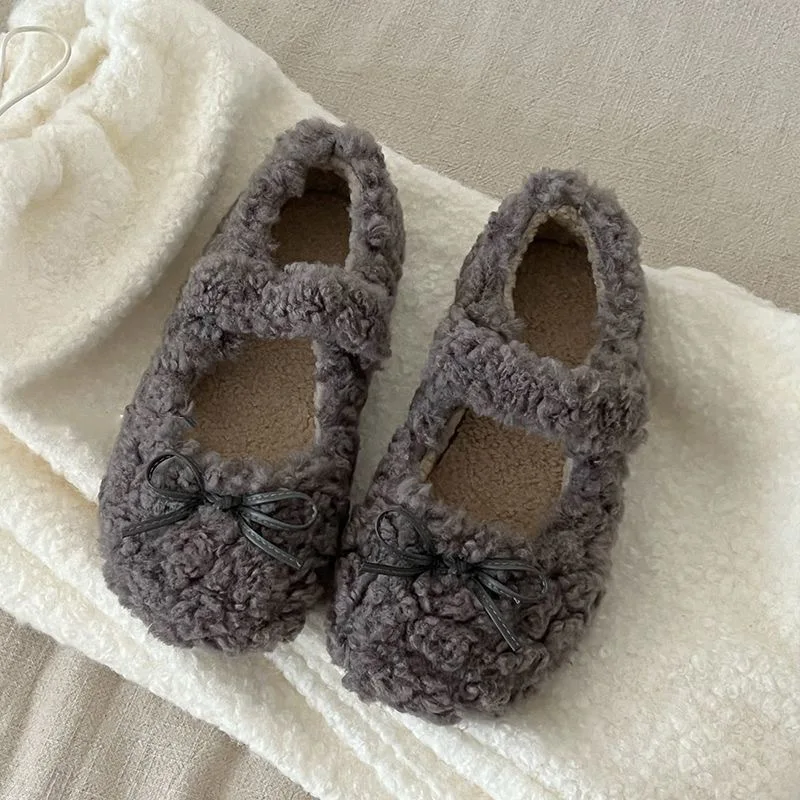 

Retro Fleece-Lined Flat Fur-Lined Slippers for Women 2025 New Arrival Fall/Winter Round-Toe Versatile Soft-Sole Cotton Shoes