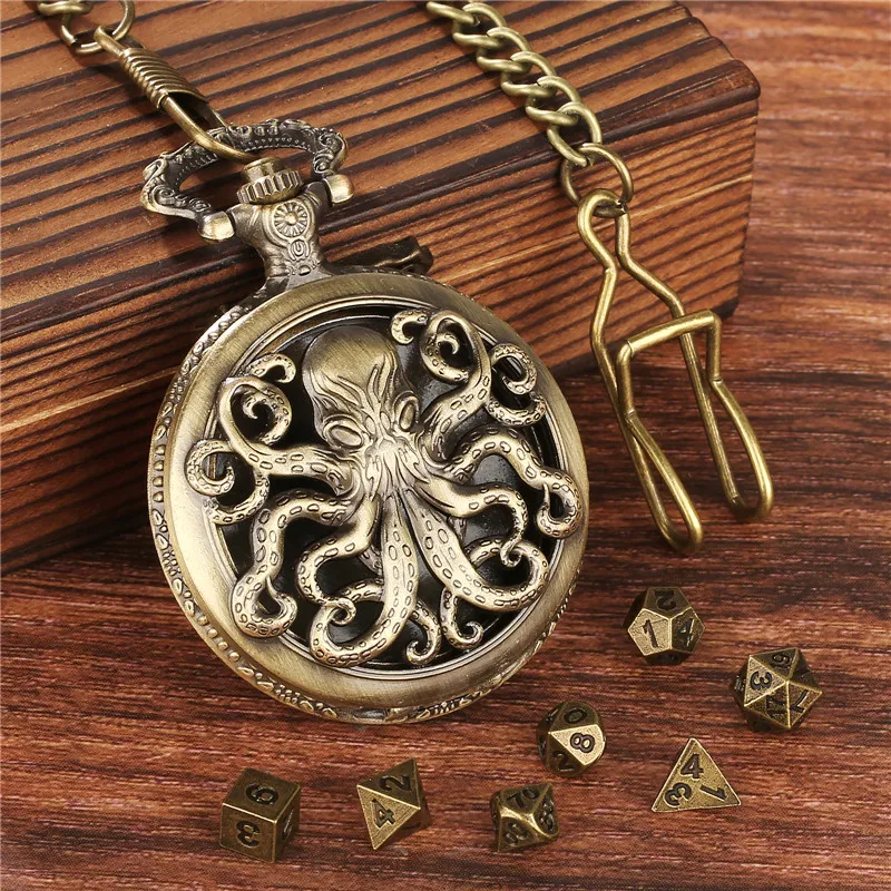 Bronze Hollow Octopus Pocket Watch Case with Fob Chain 7Pcs Tiny Metal Polyhedral Dice Set Role Playing Board Games Accessory