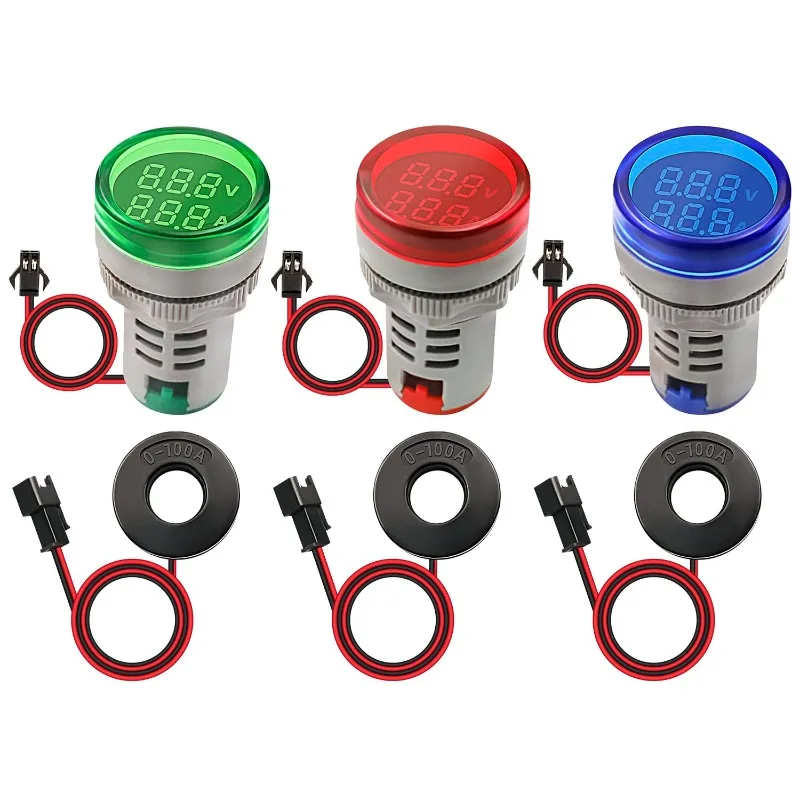 3Pcs AC AC Volt Amp Meter Voltage Current Monitor Digital LED Display Voltmeter Detetor Green Blue Signal Indicator Light Panel