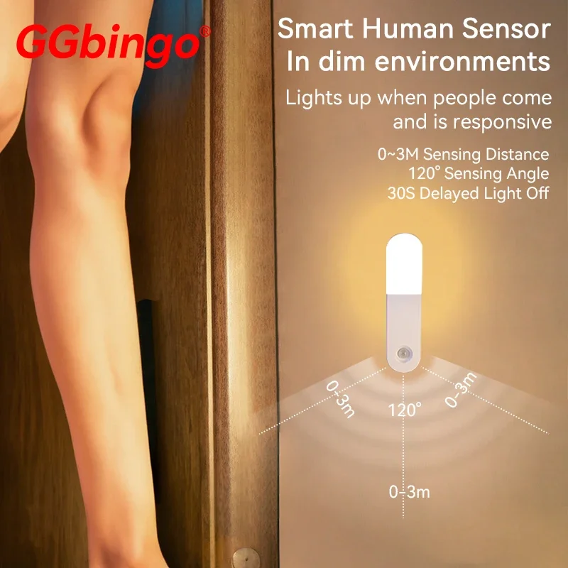 ไฟกลางคืน LED ชาร์จผ่าน USB พร้อมเซ็นเซอร์ตรวจจับความเคลื่อนไหวของร่างกายมนุษย์ สำหรับบันได ตู้เสื้อผ้า ห้องนอน