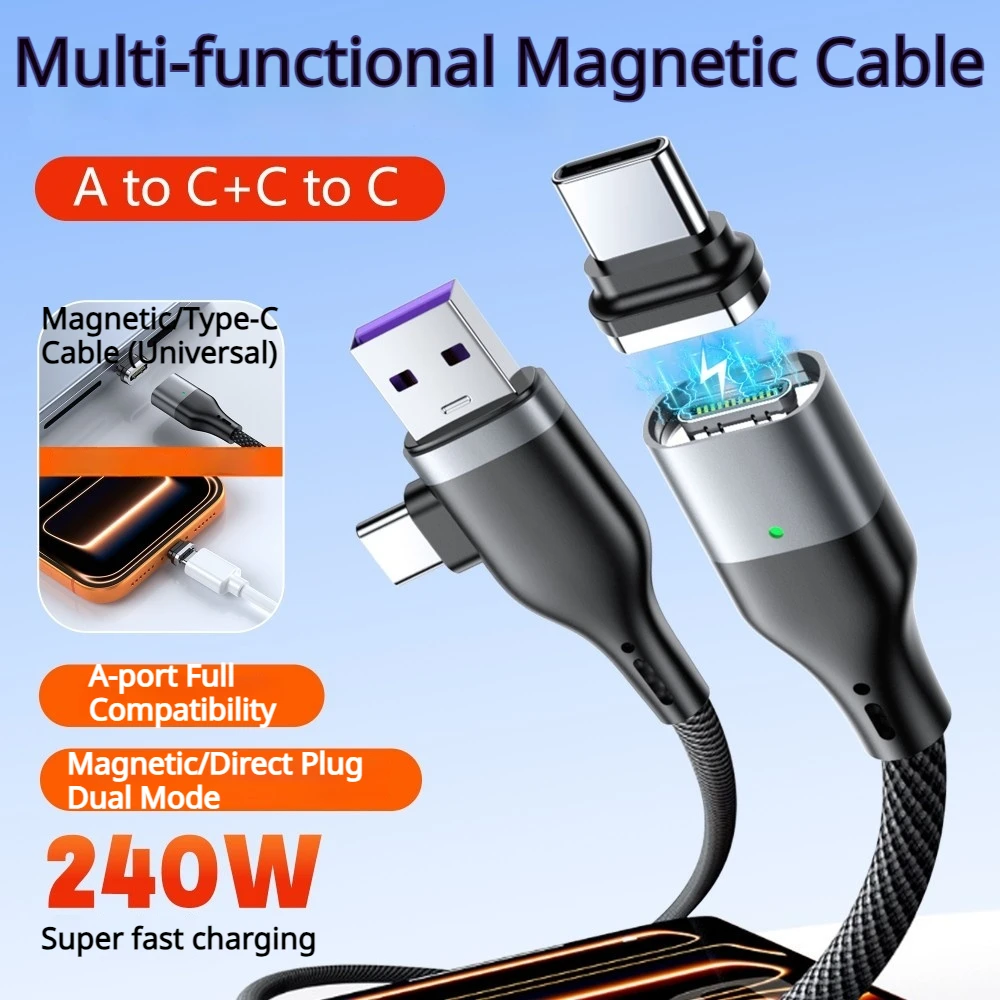 240W PD 2‑in‑1 Magnetic Fast Charging Cable,USB‑A & Type‑C Output for iPhone 17,Huawei,Xiaomi,MacBook Notebook