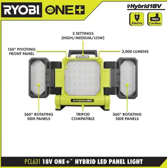 مصباح لوحة LED هجين لاسلكي RYOBI ONE+ 18 فولت (الأداة فقط) - PCL631B