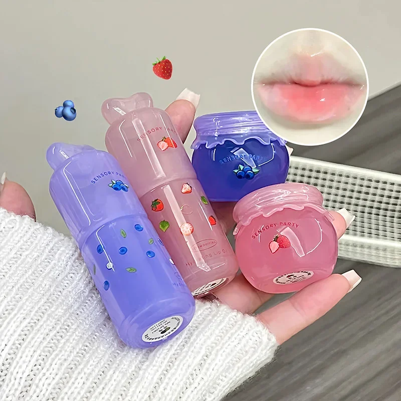 Juego de bálsamo labial hidratante, brillo de labios hidratante ligero de melocotón y arándanos, alivia la sequedad y elimina la piel muerta, calmante para los labios tiernos