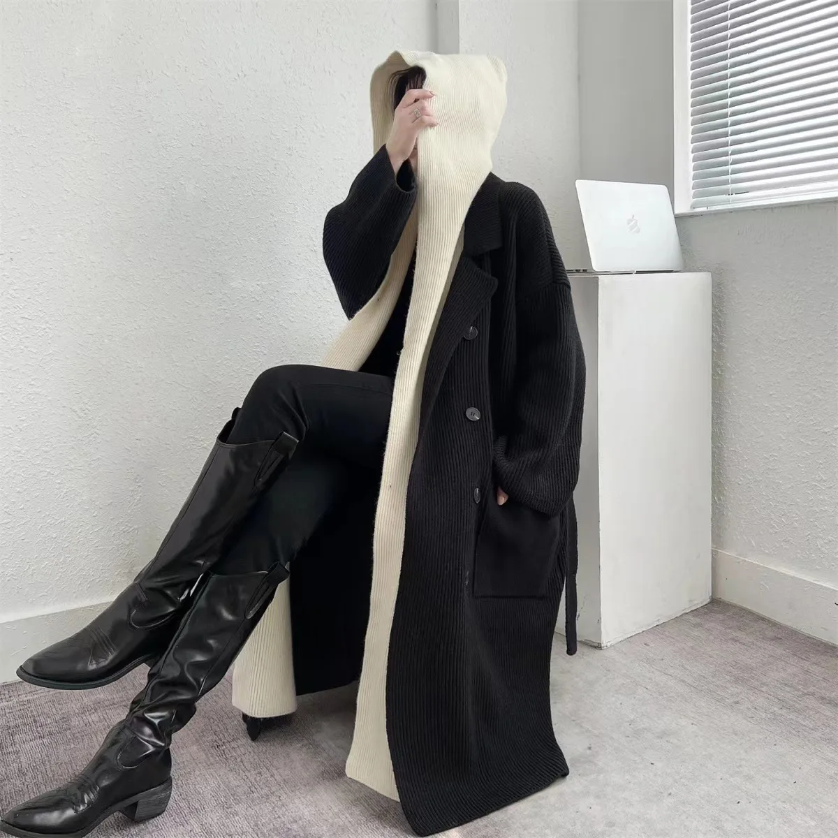 KWTX 여성용 2025 신상 컬러 블록 후드 롱라인 가디건 코트 더블 브레스티드 두꺼운 따뜻한 페이크 투피스 패치워크 포켓