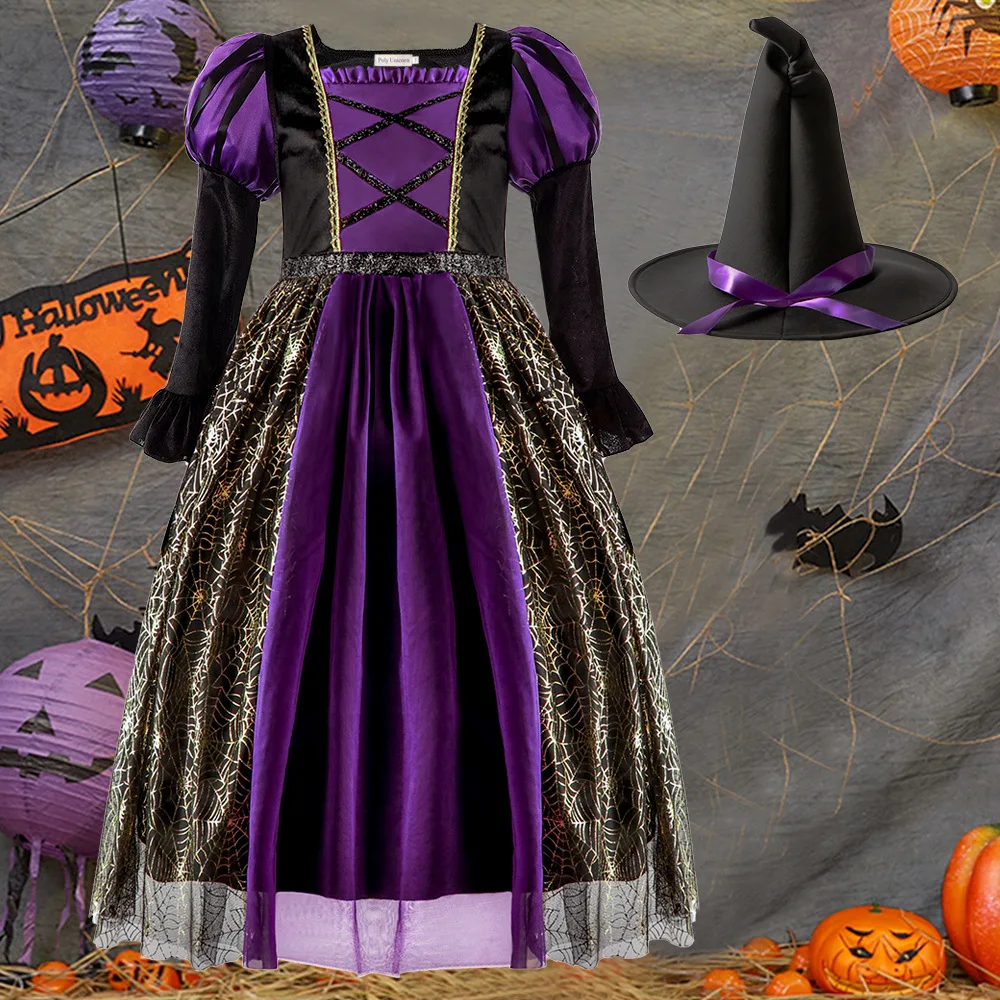 

Halloween Festive Party Birthday Gift Girls Cosplay Classic Witch Vampire Purple Print Long Sleeve Evil Horror Dress Set