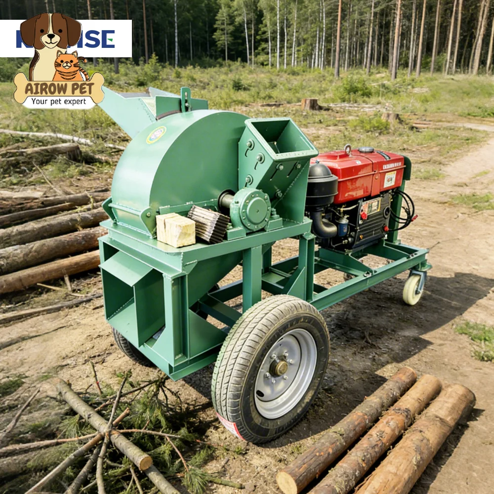 AIROW Diesel Wood Crusher Machine for Outdoor Branches Logs Waste Wood Biomass Fuel Material Processing and Farm Use