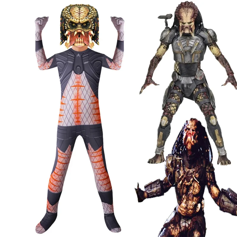 Film Alien vs. Raubtier Cosplay Kostüm Kind Bodysuit Jungen Zentai Halloween Raubtier Cosplay Overall mit Maske schrecklichen Anzug