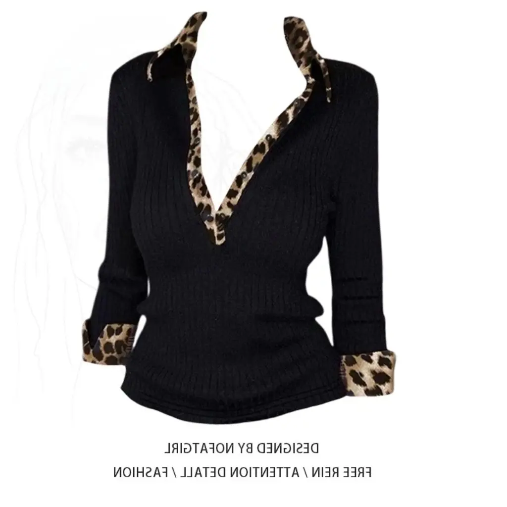 

Женская облегающая футболка с v-образным вырезом и длинными рукавами, леопардовый принт, топ в американском стиле Spice Girl на осень-зиму