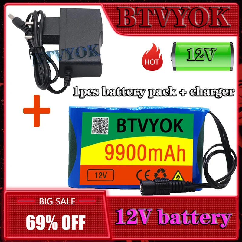 

100% original 12V battery pack 9.9Ah 18650 Rechargeable Lithium Ion battery pack capacity DC 12.6V 9900mAh CCTV Cam Monitor