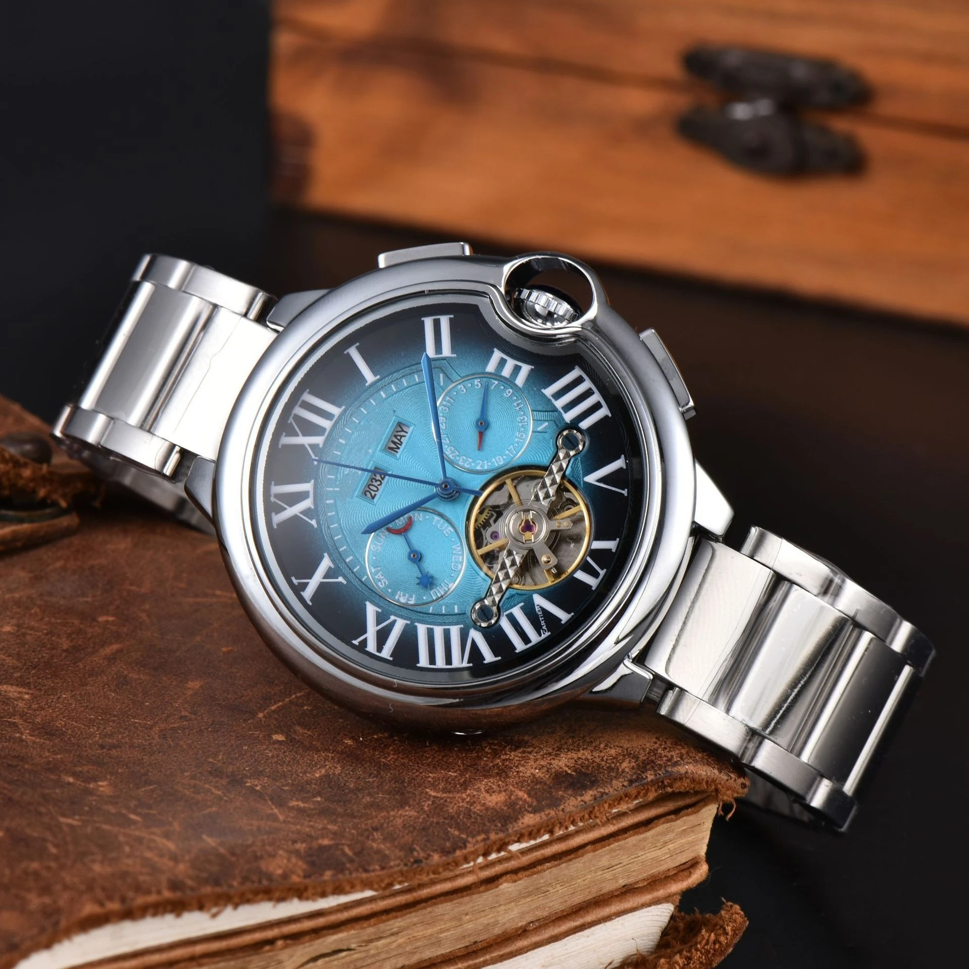 Famous Designer Brand Mens Watch Automatic Mechanical Movement with Skeleton Flywheel Luxury High Quality Steel Strap Wristwatch