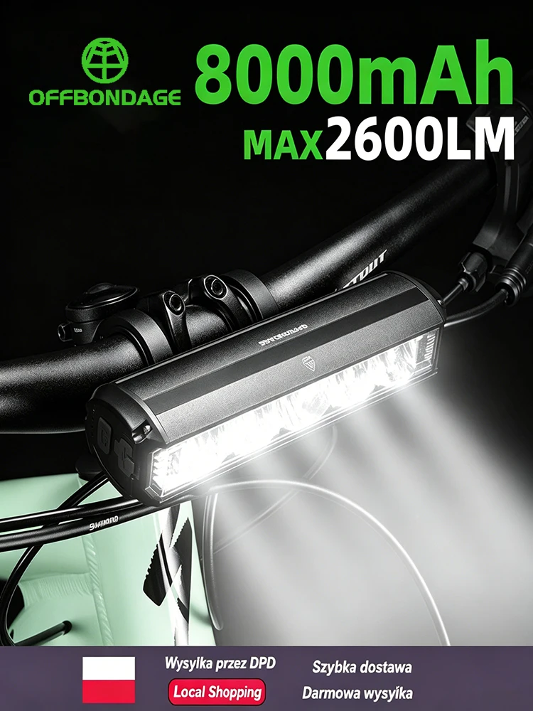 OFFBONDAGE 2600 Lumenów 8000mAh Przednia Lampka Rowerowa Typu C, Ładowana, 5 Trybów, Wodoodporna IPX5, Wykonana ze Stopu Aluminium, Ultra Jasna Lampka na Kierownicę do Rowerów Górskich i Szosowych, — 2