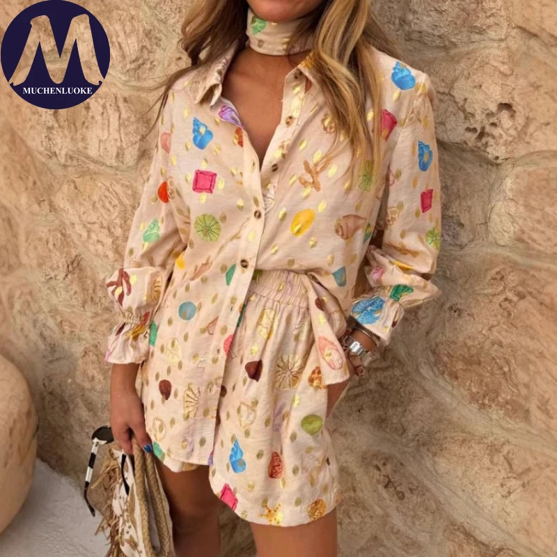 

2 Pieces Set for Woman Summer New Elegant Printed Long Sleeved Neck Hanging Shirt Tops Suits Fashionable Casual Loose Short Sets