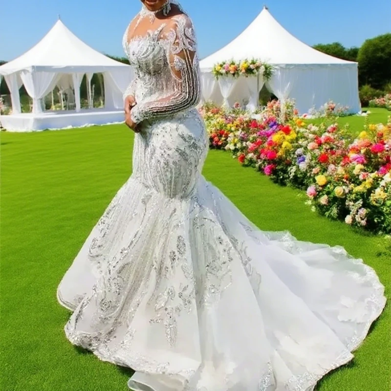 長袖マーメイドウェディングドレスブライダルドレススパンコールレースアップリケハイネックスイープトレインカスタムメイドVestidosビーチガーデン