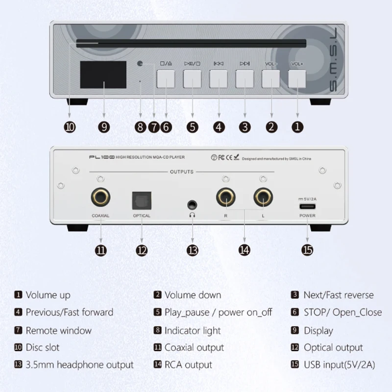 SMSL PL100 CS43131 رقاقة مشغل أقراص مضغوطة طاقة الإخراج 30Ω 60 ميجا واط RCA /3.5 ملم/محوري/بصري مع جهاز التحكم عن بعد
