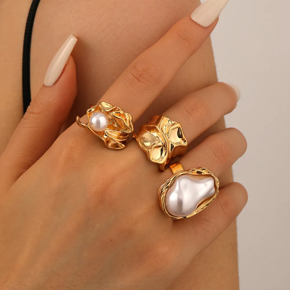 

Fashion Irregular Imitation Pearl Ring Female Niche Elegant Ring Set Future Baroque Style Ring