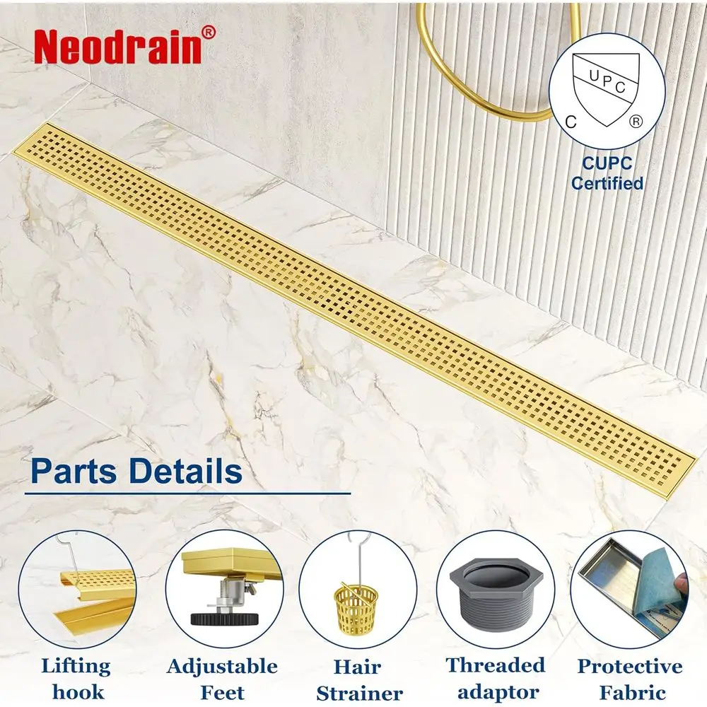 ท่อระบายน้ำฝักบัวแบบเส้นตรงสีทองเหลืองขัดเงา 36 ชิ้น พร้อมตะแกรงแบบถอดได้และตัวกรองเส้นผม