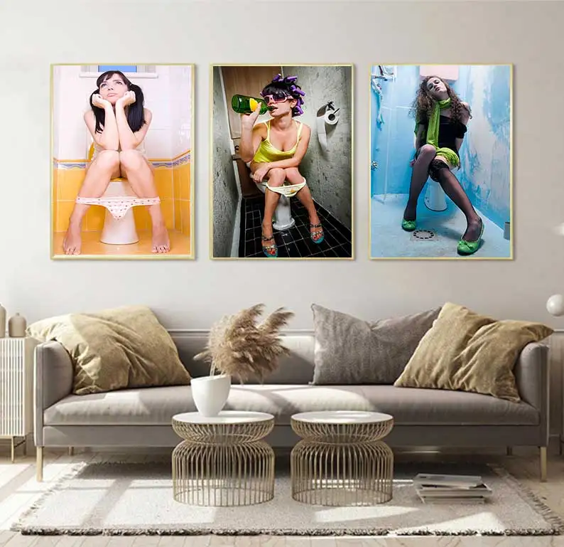Toilet Sexy Woman Man Canvas Prints Bar Girl Smoking And Drinking Bathroom Picture Poster Black And White Painting