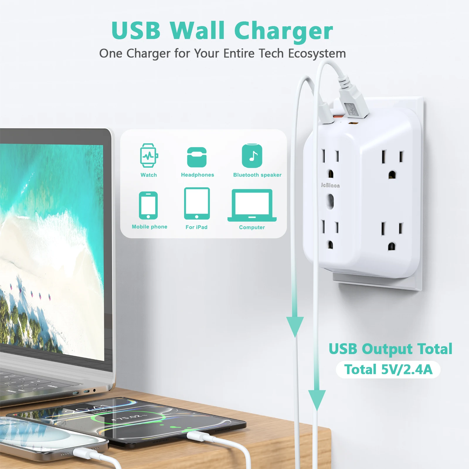 US Plug Power Strip Multitap With 6 Outlets and 2 USB-A &2 Type-c,4-Side Design Wall Charger for Home Travel Office Kitchen