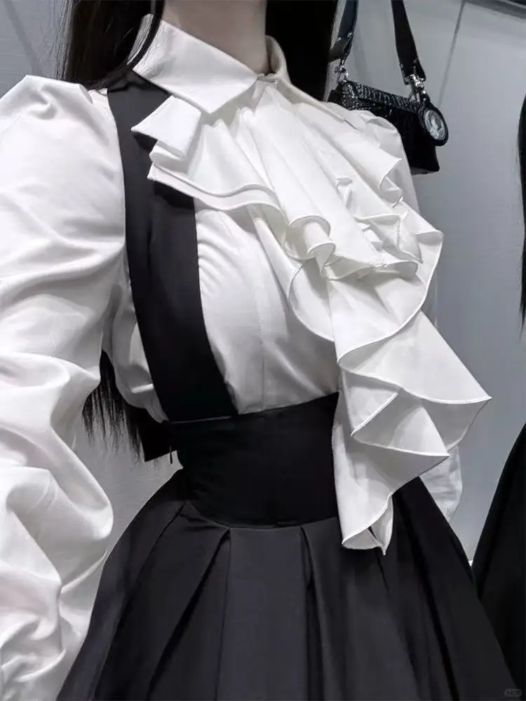 Japanses Lolita 2 Piece Sets Women White Long Sleeve Blouses + High Waist Pinafore Dress Suit Gothic Y2k Aesthetic Outfits 2000s