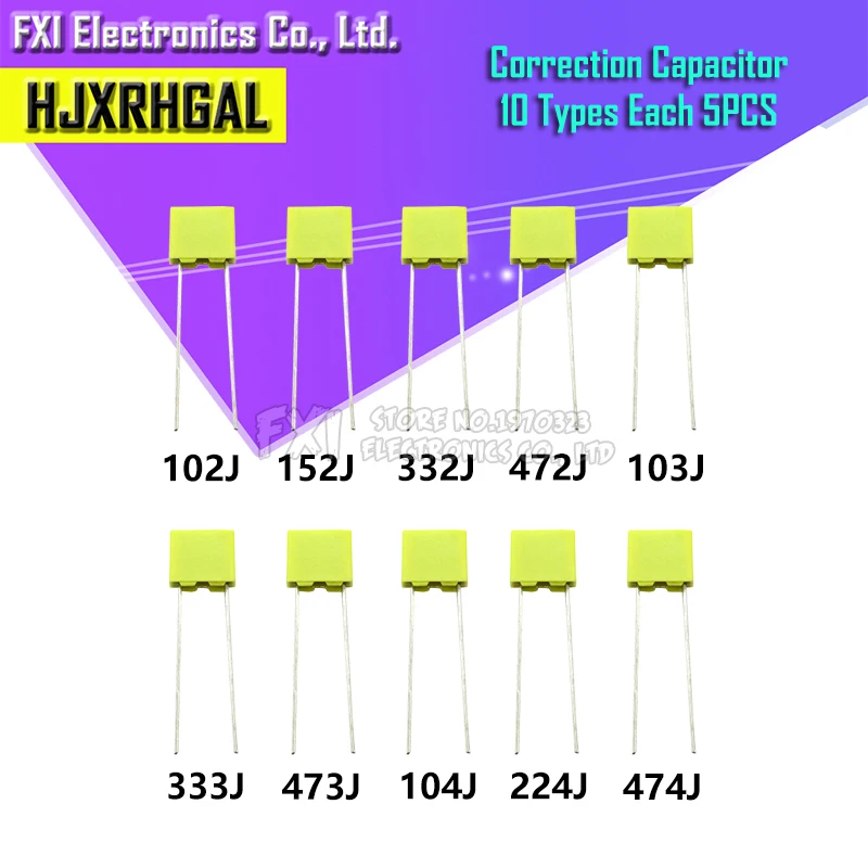 50PCS =10 kinds * 5 PCS Correction capacitor package kit KIT 100V 102J 152J 332J 472J 103J 333J 473J 104J 224J 474J