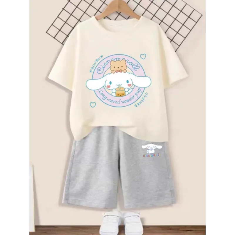 Новинка, пижама Sanrio Cinnamoroll для девочек в стиле Babycinnamoroll, Повседневная Пижама из чистого хлопка с короткими рукавами и мультяшным рисунком, короткие штаны, пижама из двух частей