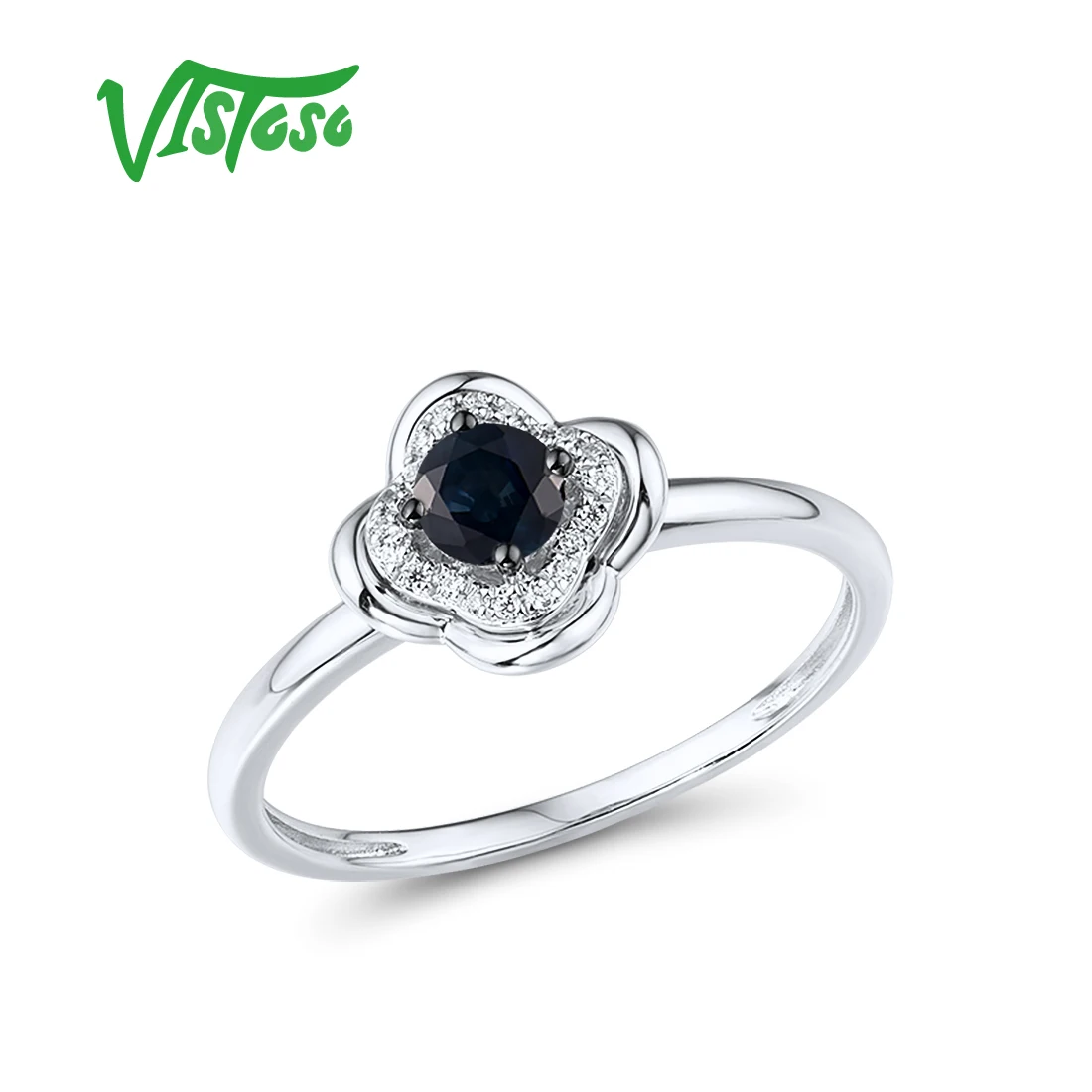 

VISTOSO 14K 585 White Gold Rings For Women Sparkling Blue Sapphire Diamond Solitaire Rings Simple Style Trendy Fine Jewelry