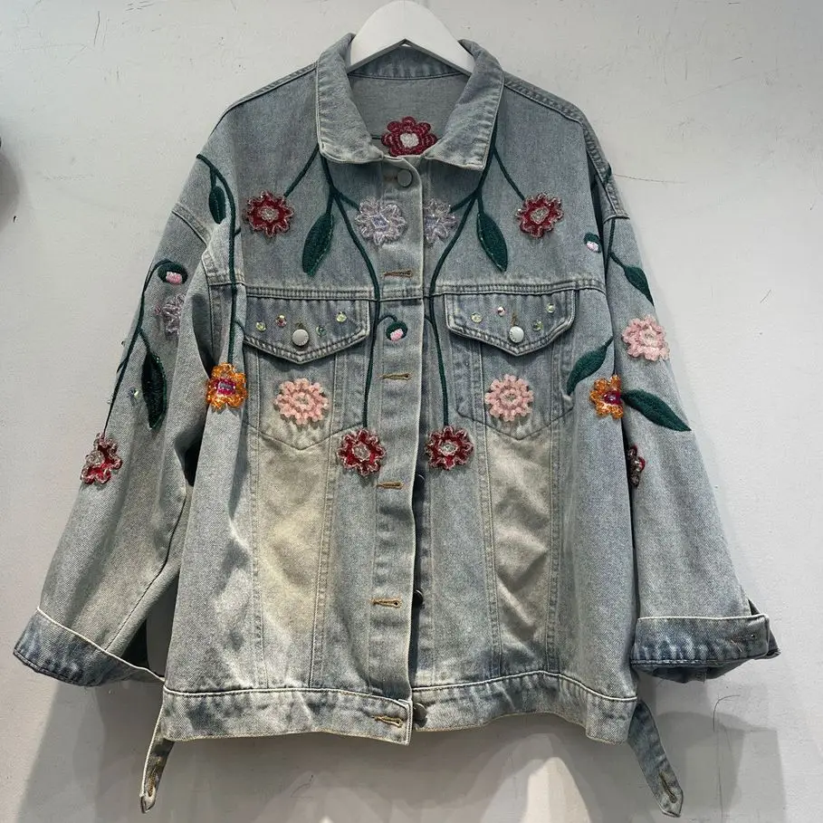 

American retro distressed lapel casual denim jackets for Women Autumn loose jacket coat Female outerwear Y4398