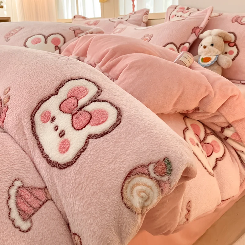 

Winter Thicken Warm Flannel Duvet Cover with 2 Pillowcases Student Dormitory Cartoon Cute Plush Quilt Cover 3pcs Christmas Gift