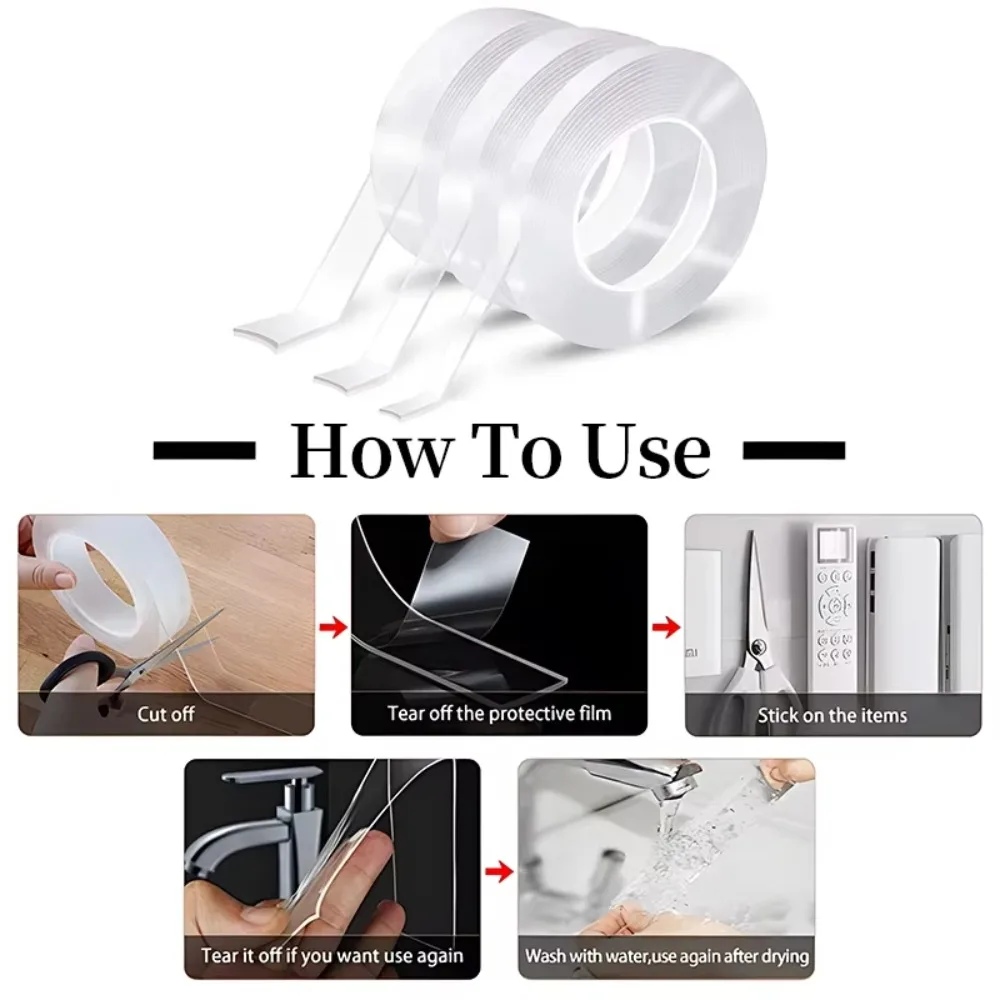 Bathroom Accessaries Double-sided Nano Tape Waterproof Strong Sticky Seamless Tape Transparent Reusable Two Side Tape