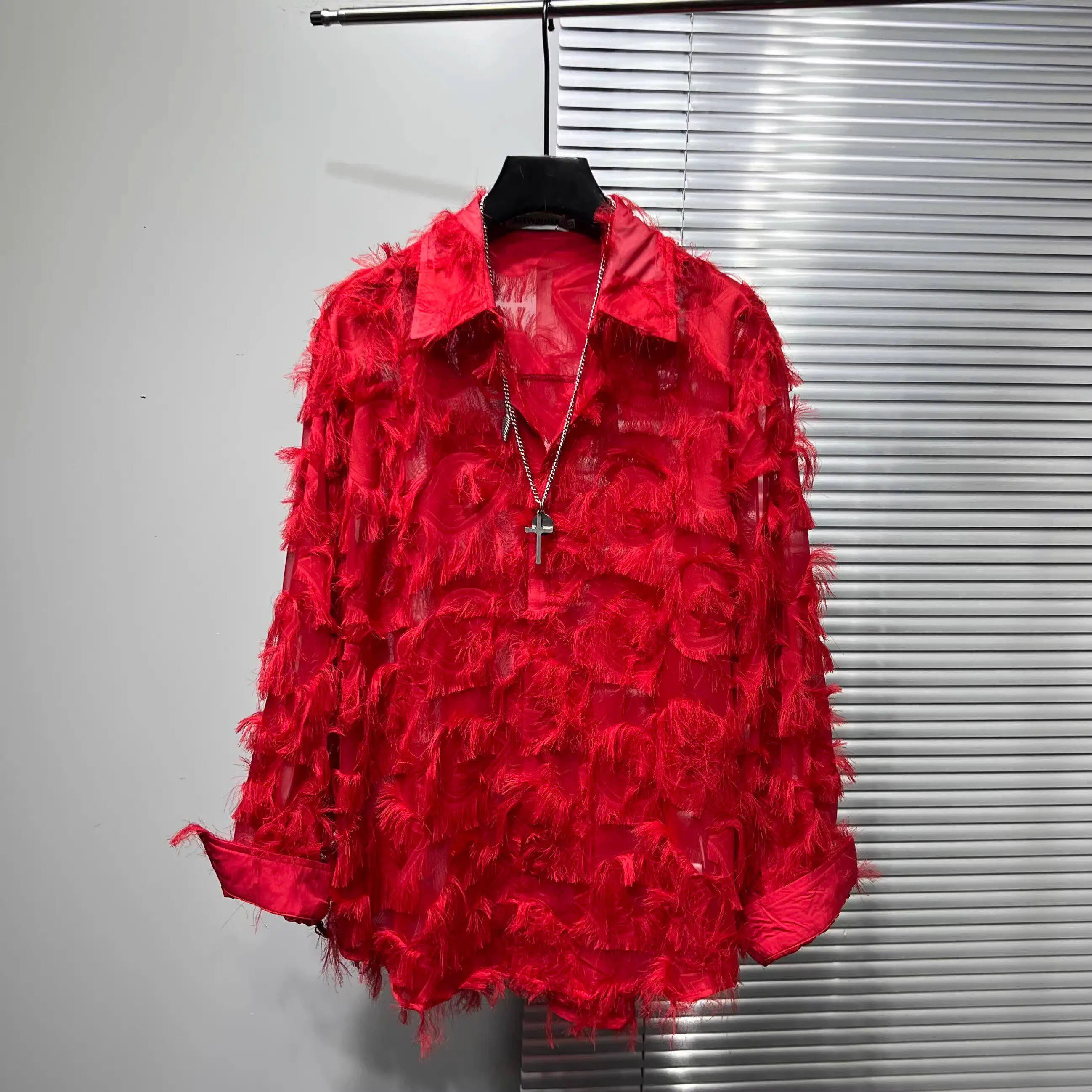 Men's Red Feather Tassel Mesh Shirt Spring American Casual Fashion Loose High Street Male Stage Performance Fringe Shirts