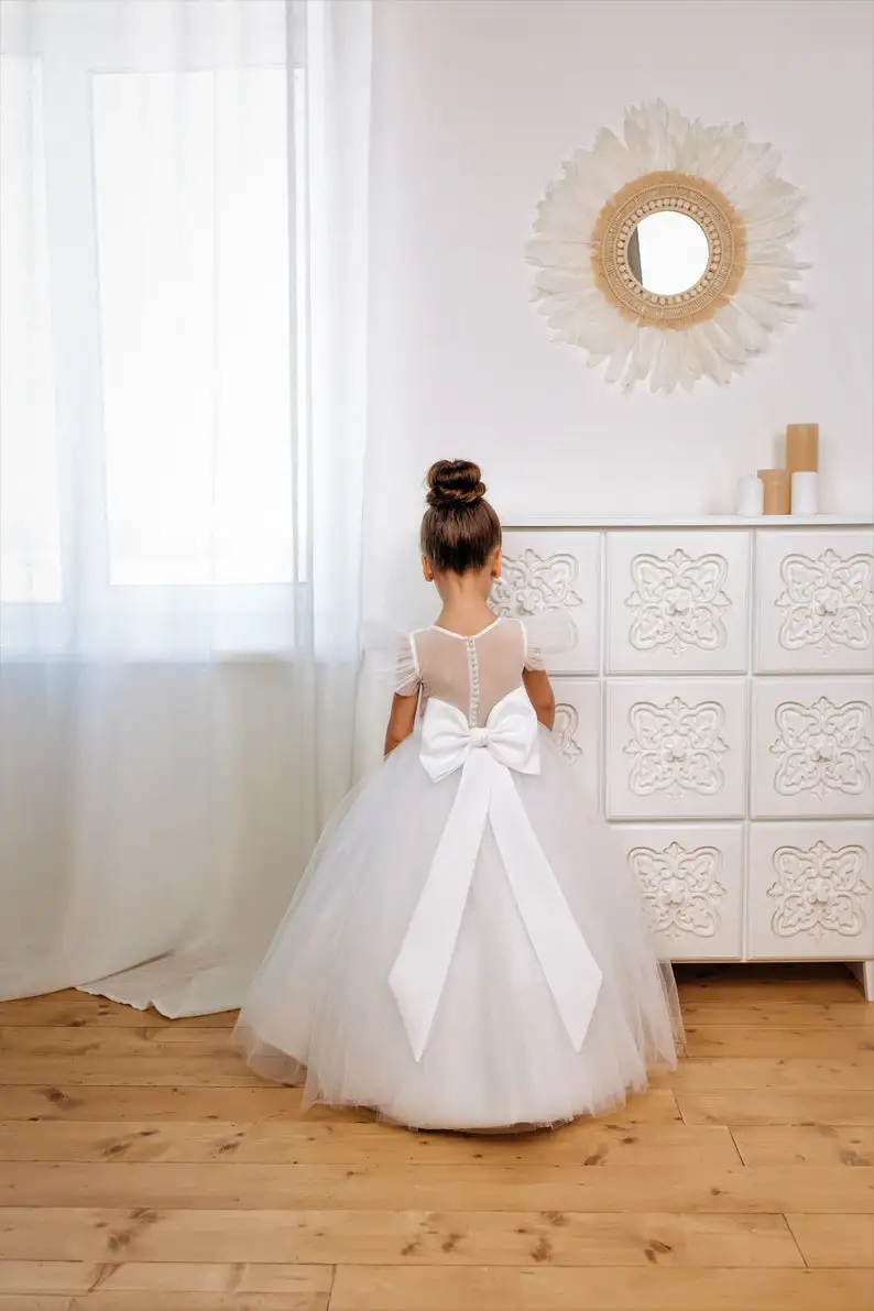 فستان فتاة الزهور البيضاء فستان زفاف الأميرة وصيفة العروس الصغيرة الطفل مفتوح الظهر فستان فتاة فساتين الحفلات المسائية #4