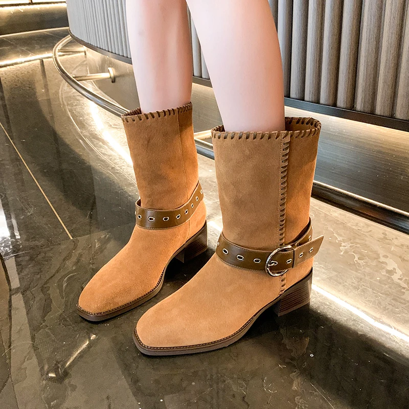 

Металлический ремень с пряжкой, одинарные ботинки на блочном каблуке, женские модные замшевые нескользящие износостойкие короткие туфли с круглым носком