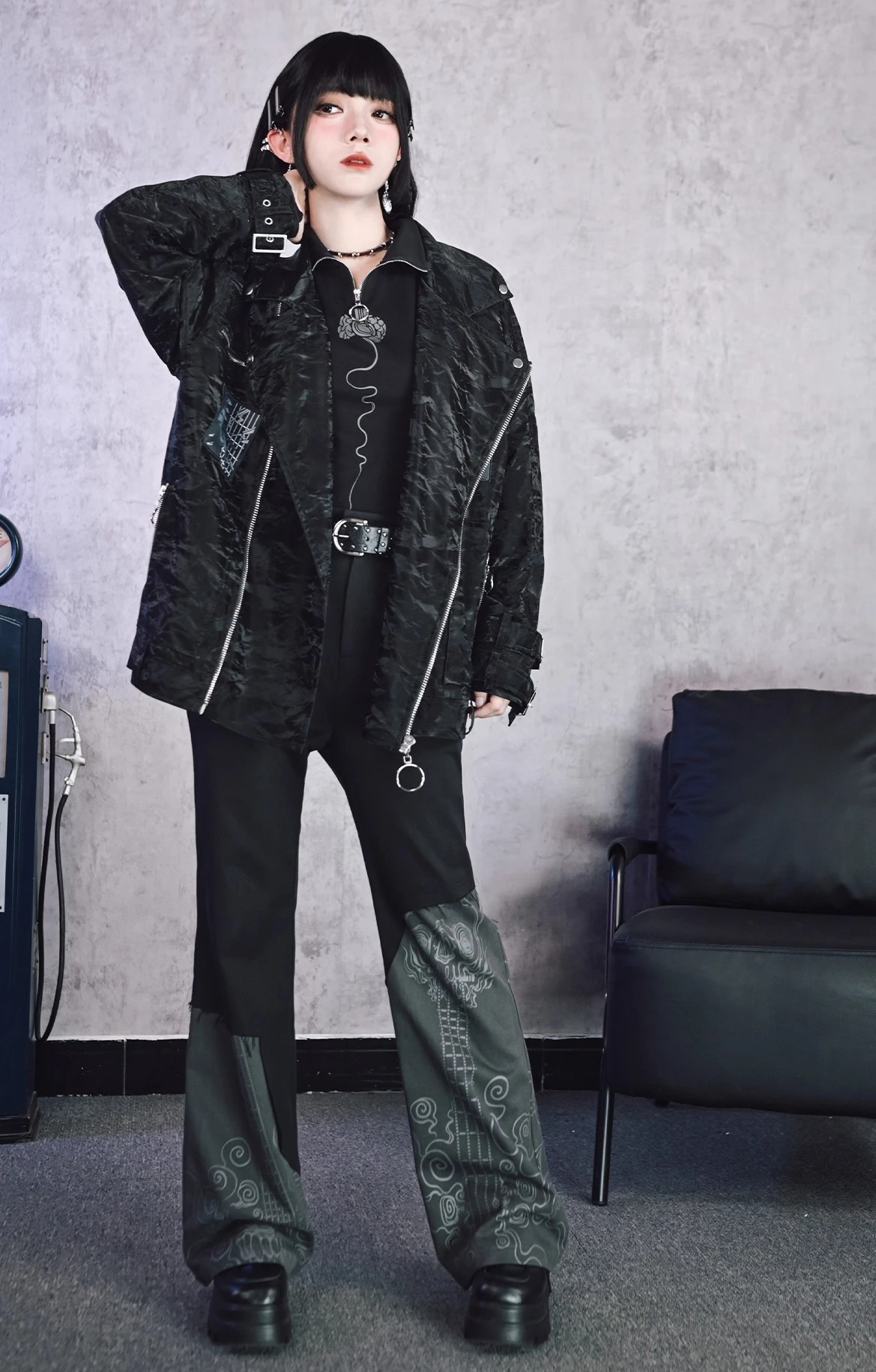 Temperament New Chinese High Waist Gothic Irregular Printed Bootcut Pants Girl Spring Autumn Retro Punk Riveted Slim Pantses