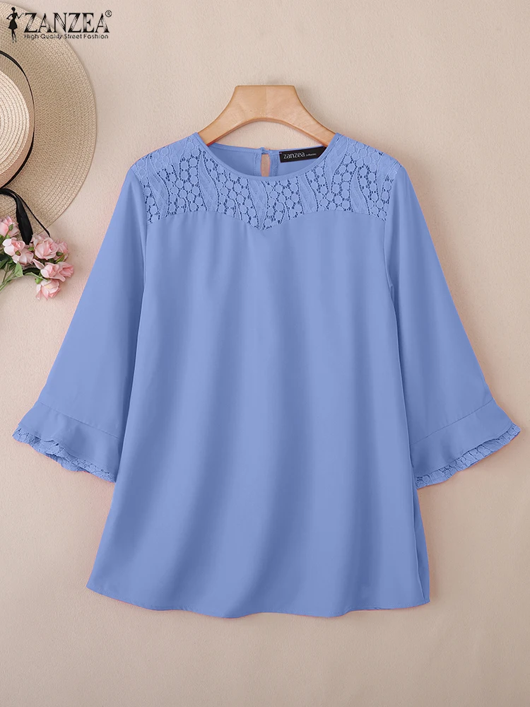 

Autumn Lace Patchwork Blouse 2025 ZANZEA Women Stylish Solid Work Shirts Casual O Neck 3/4 Sleeve Tops Loose Chemise Mujer Femme