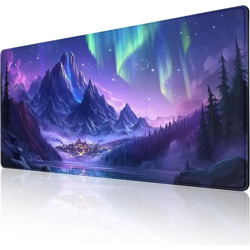 

Large Gaming Mouse Pad: Aurora Northern Lights Mountain & Stars, 48x24 Non-Slip Desk Mat for Gamers & Office