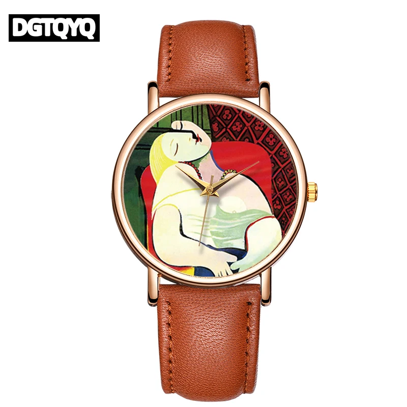 DGTQYQ Temperament Ladies Quartz Watch Abstract Style Oil Painting Roman Numerals Genuine Leather Wristwatch reloj para mujer