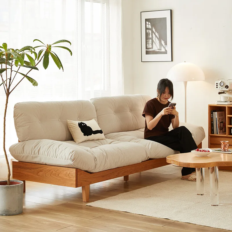 Solid wood cloud sofa, creamy Nordic small apartment living room Internet celebrity fabric sofa, cherry wood lazy