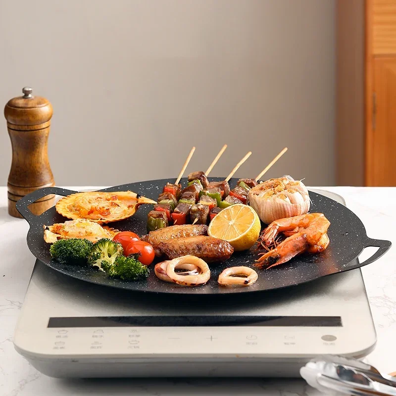 2025 Koreanische BBQ-Grillpfanne, runde Bratpfanne aus antihaftbeschichtetem Aluminium, tragbare Grillplatte für den Außenbereich, für Grill, Bratgrill oben, Gusseisen