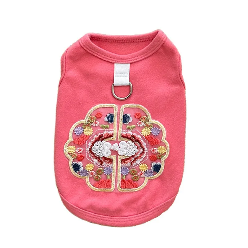

Chinese Style Pet Vest Harness for Dogs Cats Embroidered Hanfu Costume Traditional Cheongsam with Leash Ring Breathable Outfit