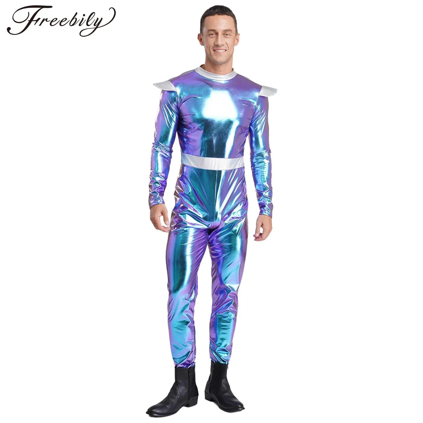 Fantasia de alienígena masculina, macacões metálicos brilhantes de corpo inteiro, robô espacial, cosplay, vestido extravagante para halloween, aline, cosplay