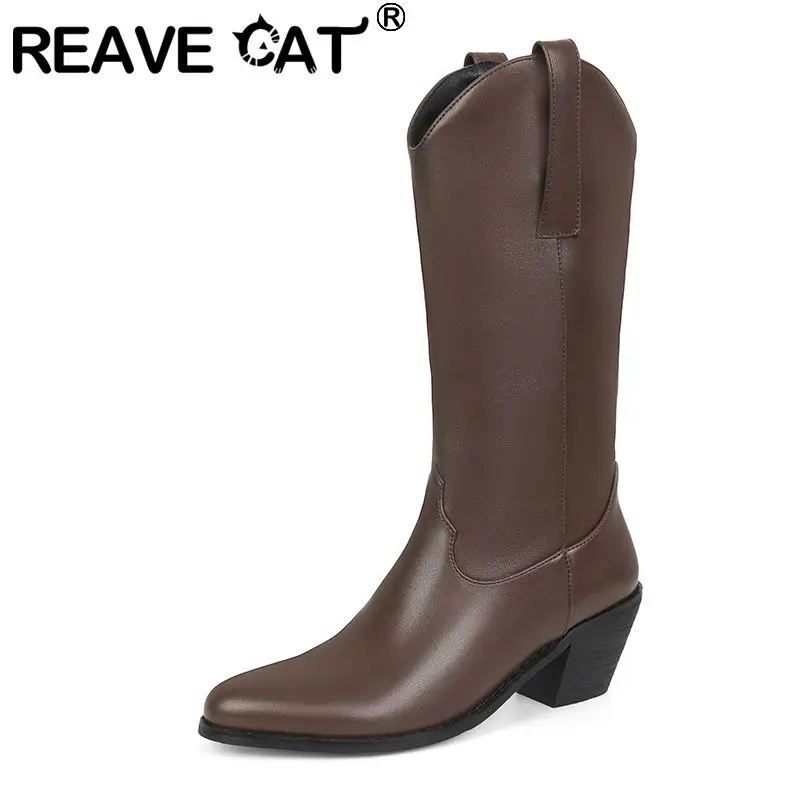 REAVE CAT 2026 Luxury Ladies Mid Calf Cowboy Boots Round Toe Block Heels 6.5cm Slip On Plus Sizes 41 42 43 Fashion Western Style