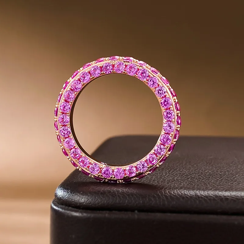 Hip Hop 3 Row Zircon Ring Rose Gold Plated 925 Sterling Silver pink Cubic Zirconia Eternity Band Ring Fine Jewelry