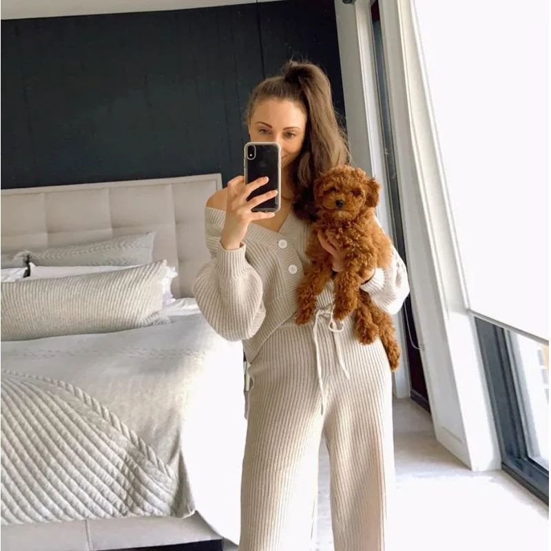 Matching Sets V Neck Cardigan Knit Sweaters Pant Sets Single Breasted Solid Wide Leg Pants Ankle Length Loose Button Casual