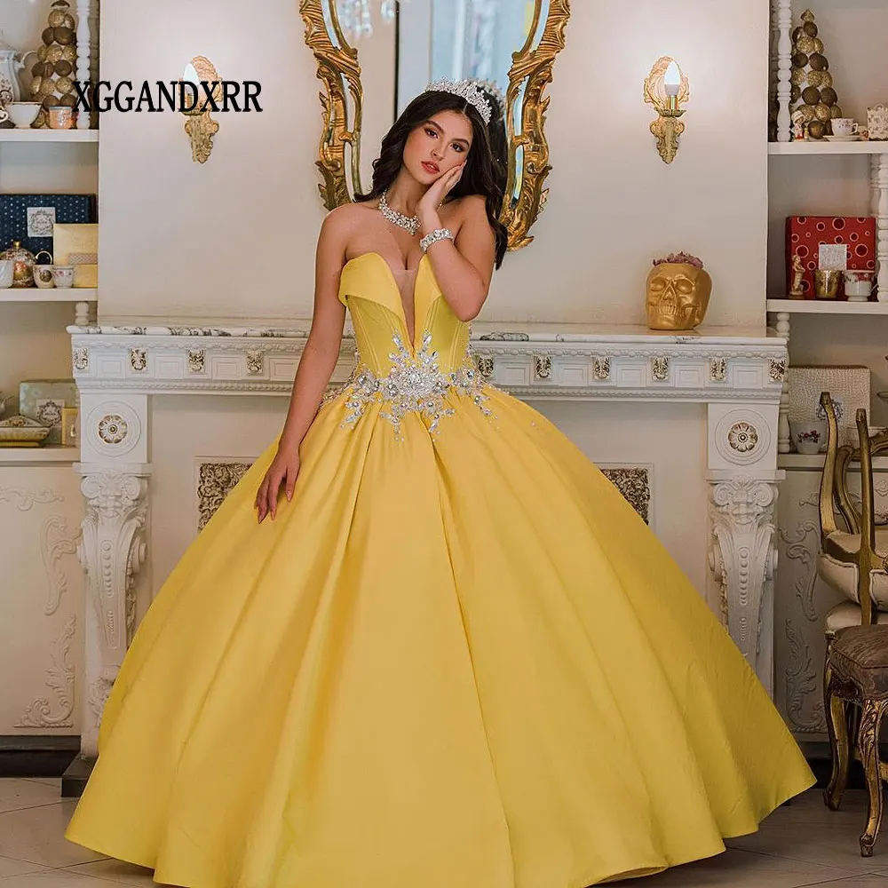 Yellow Princess Quinceanera Dresses 2024 Deep V Neck Beading Ball Gown Sweet 16 Dress Birthday Vestidos De 15 Anos Quinceañera