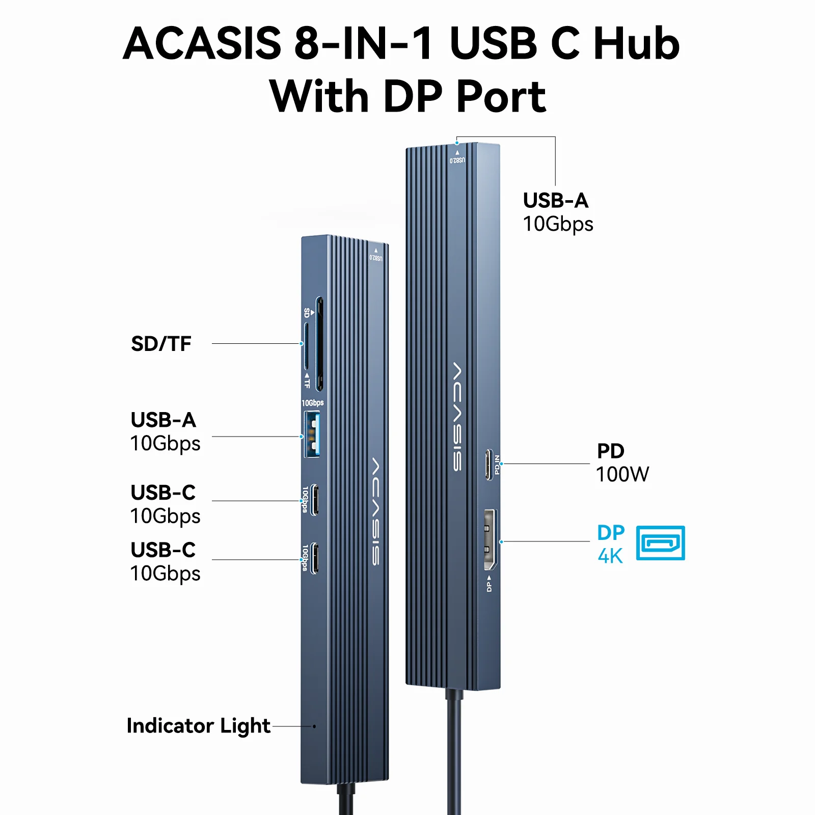 Acasis 8 in 1 USB-C Hub 10Gbps Docking Station 4K 60HZ DP Output TF/SD 3.0 PD 100W for Keyboard Mouse Printer All in One Hub