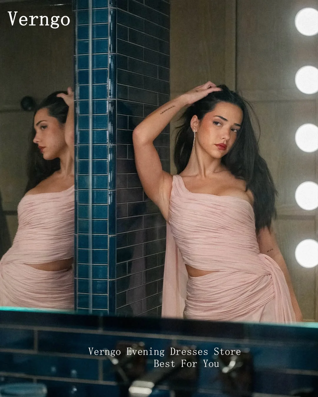 فستان سهرة شيفون وردي من Verngo بدون حمالات على شكل حرف A بفتحة جانبية مناسبة رسمية فستان أنيق في المملكة العربية السعودية فساتين حفلات مخصصة