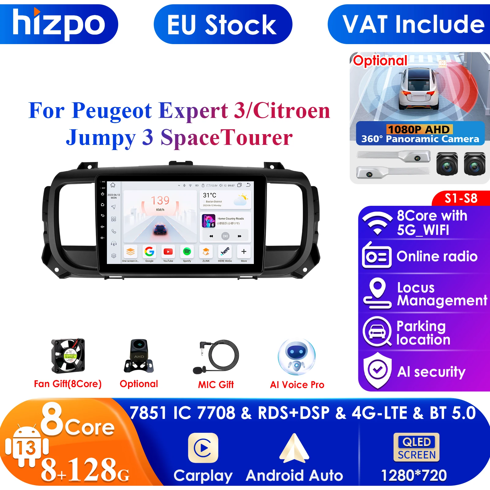 Carplay 4G 9''10.33'' AI System 2Din Android Car Multimedia Player for Peugeot Expert 3 Citroen Jumpy 3 SpaceTourer 2016-2021 BT