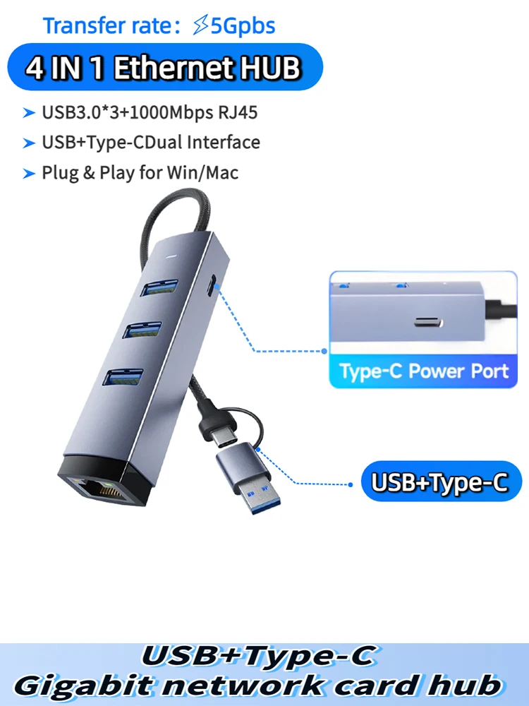 USB 3.0 HUB 1000Mbps USB-Ethernet-Adapter Typ C Netzwerkkarte USB zu RJ45 Gigabit-Ethernet-Adapter für MacBook Laptop Computer