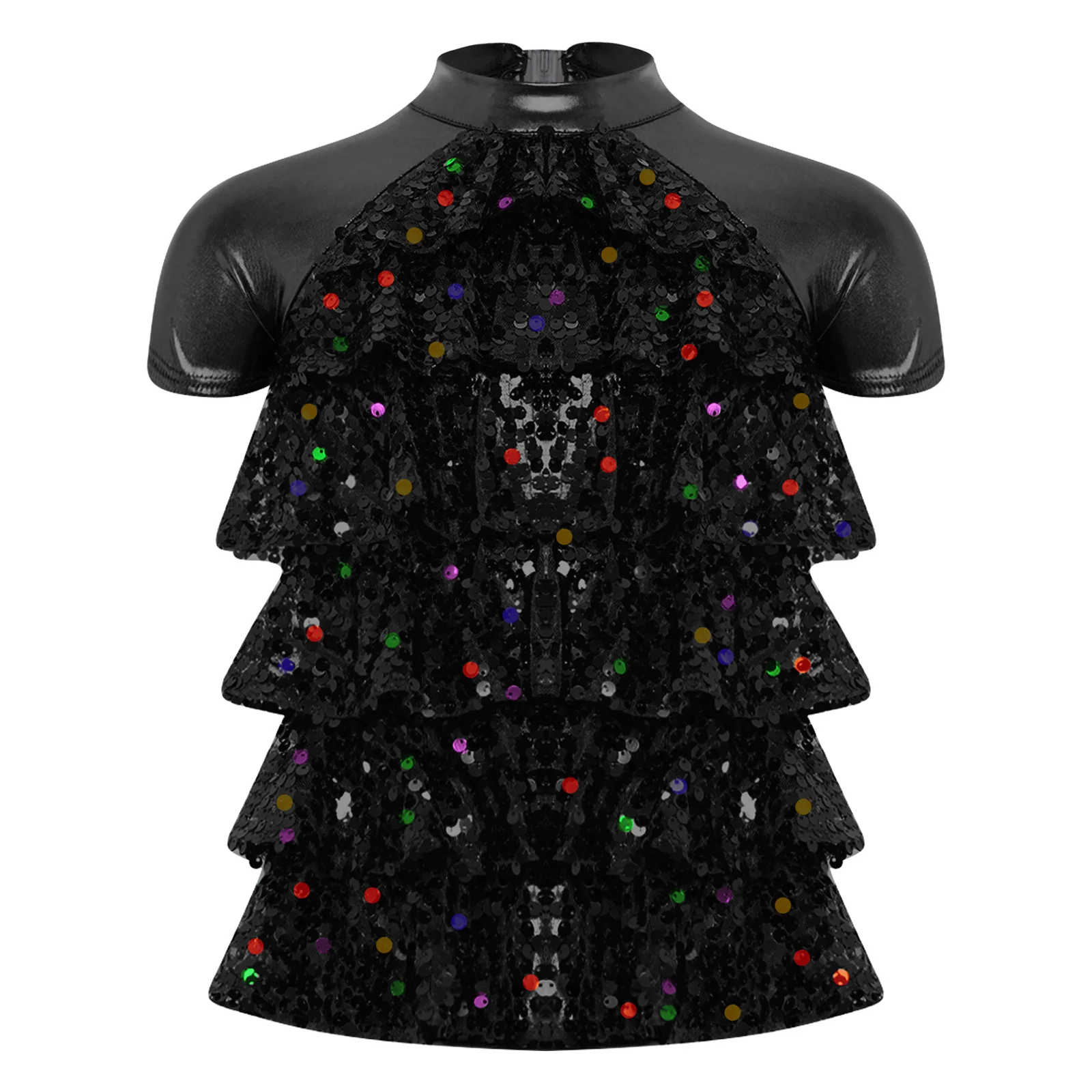 

Kids Girls Metallic Jazz Dance Shirts Tops Party 70s Disco Latin Dance Costume Shiny Short Sleeve Sequins Tiered Back Cut Shirts